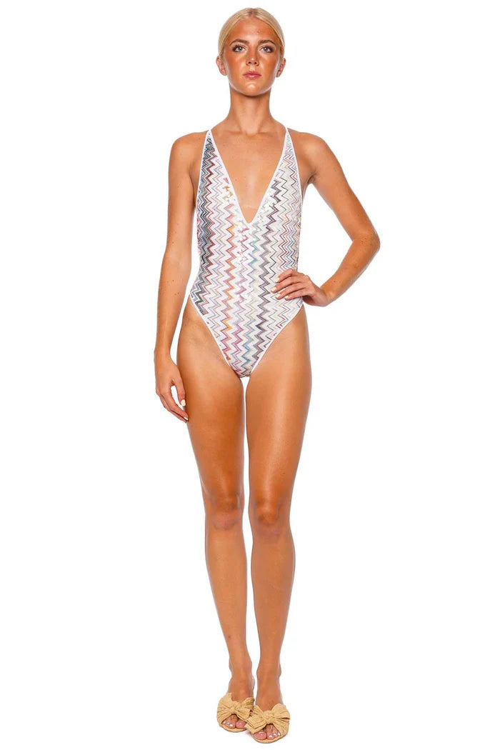 One-piece swimsuit with V-neck and sequins