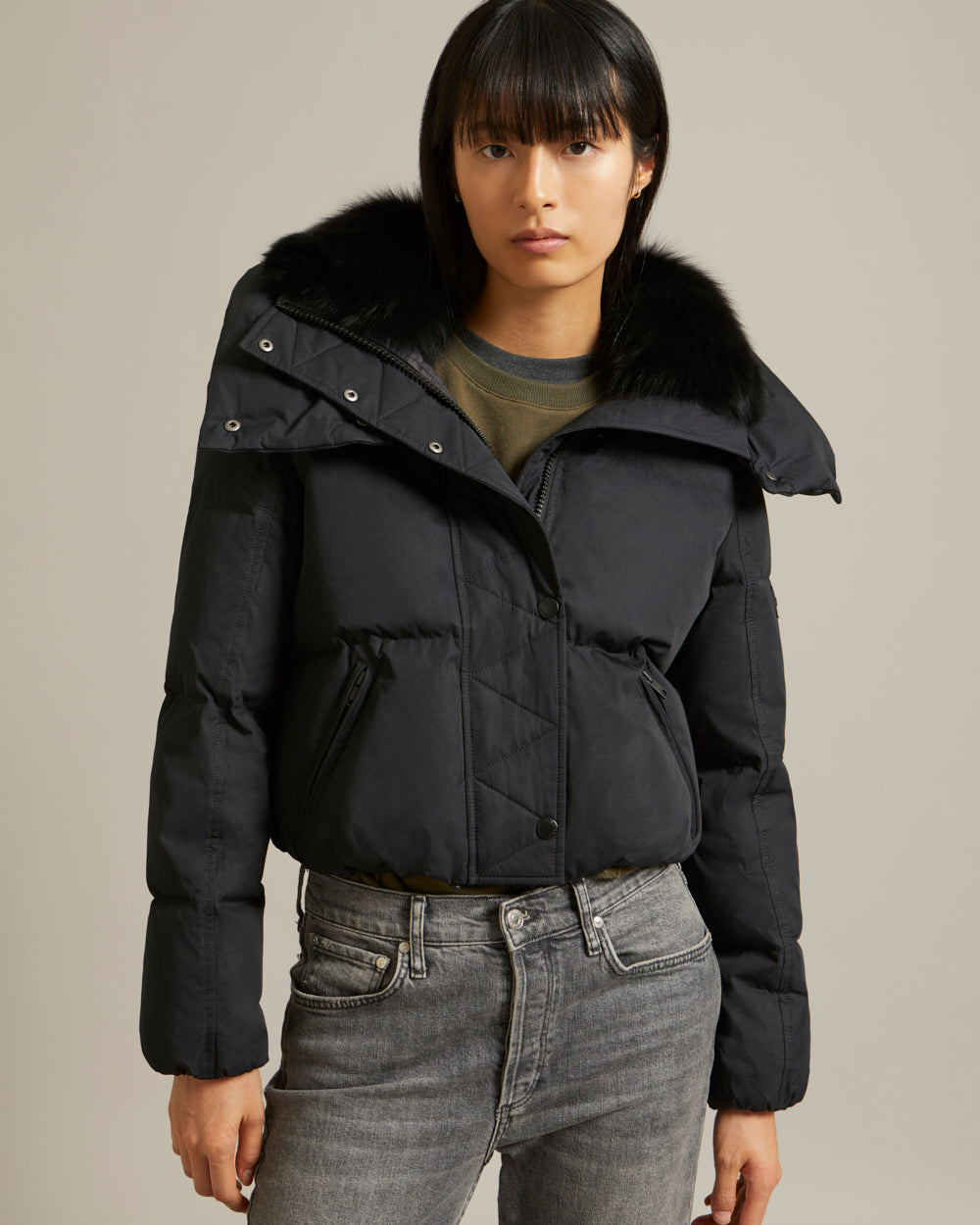 Puffer Jacket Cotton Blended/Fox Trimming - Noir