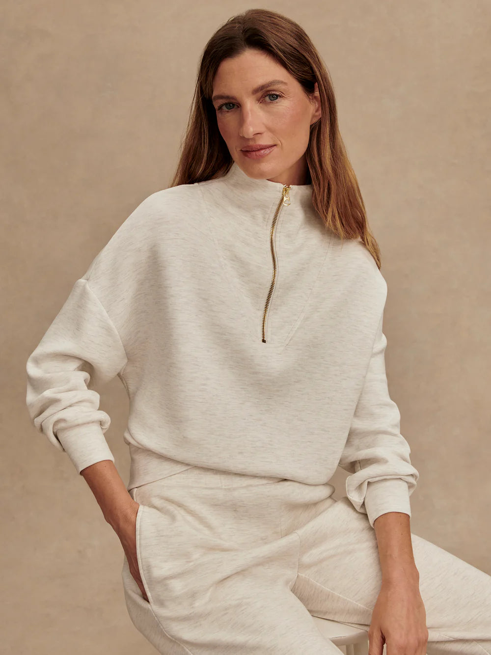 Hawley Half Zip Sweat  - Ivory Marl