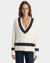 Load image into Gallery viewer, Src Cableknit V-Neck Sweater - Ecru/Dark Navy/Forest
