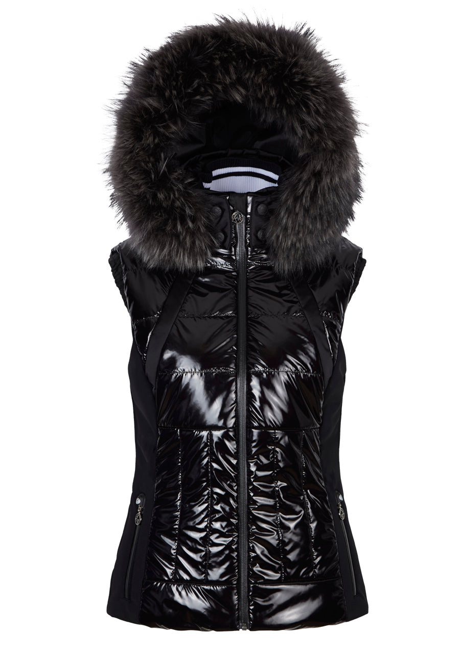 Shad m. Kap + P Patent Fur Hooded Gilet - Black